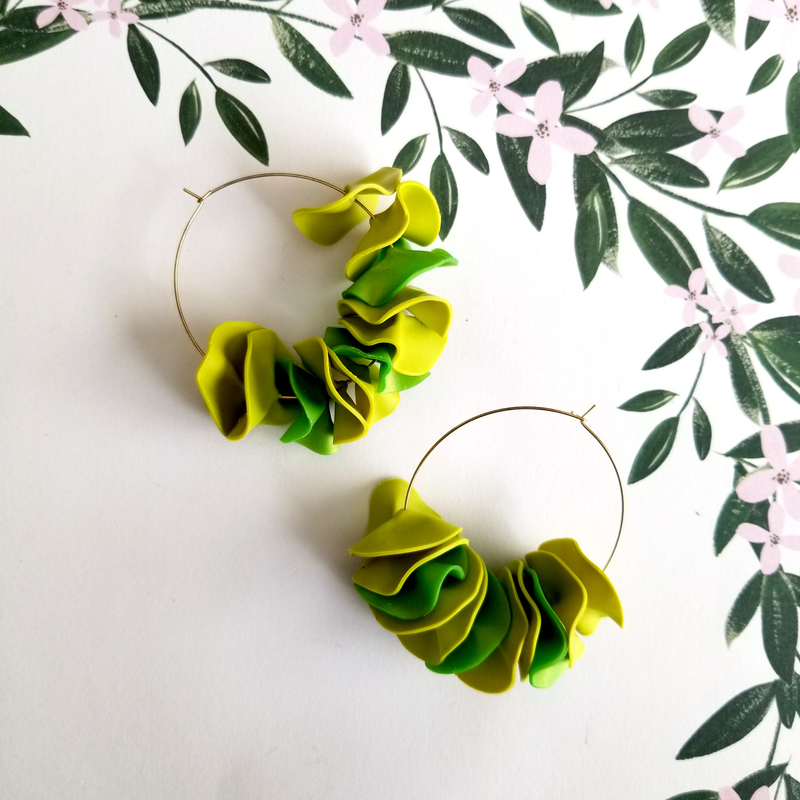 Large Flamenco Ruffle Hoop Earrings - two toned green