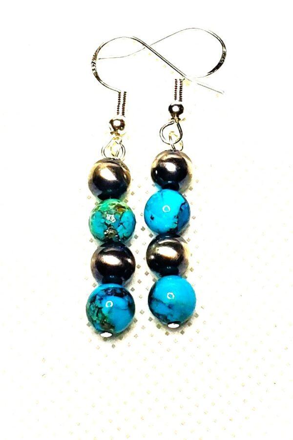 Sterling Silver “Navajo Style” pearl bead and Kingman Turquoise earrings by J Paul Copper Creations