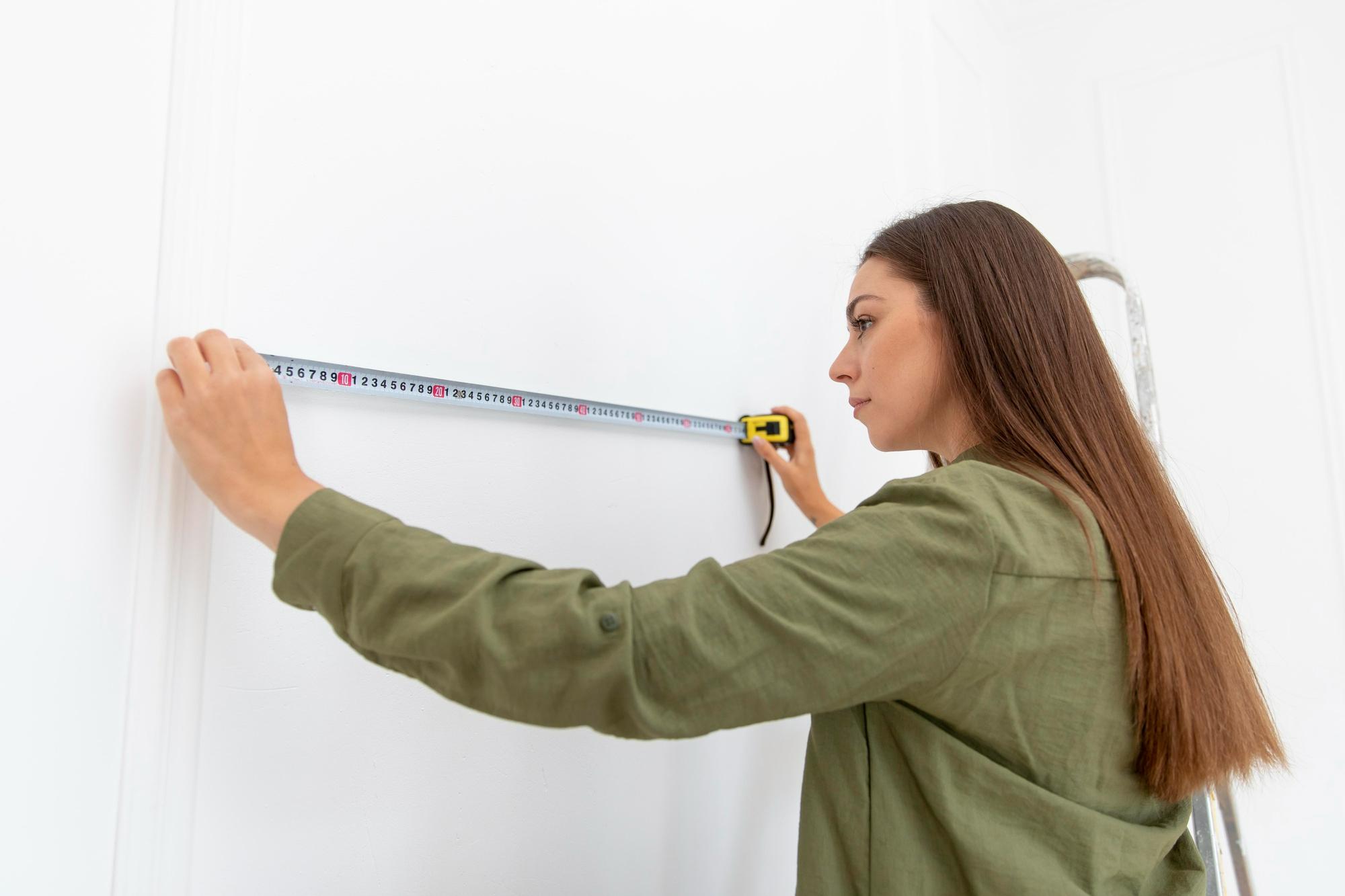 woman measuring the wall for a piece of new art