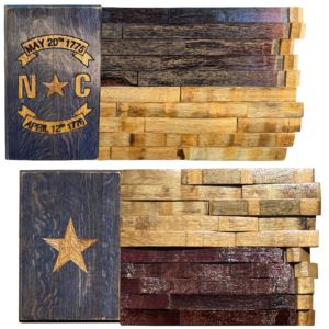 State Flag, North Carolina state flag and Texas state flag made from wine barrels