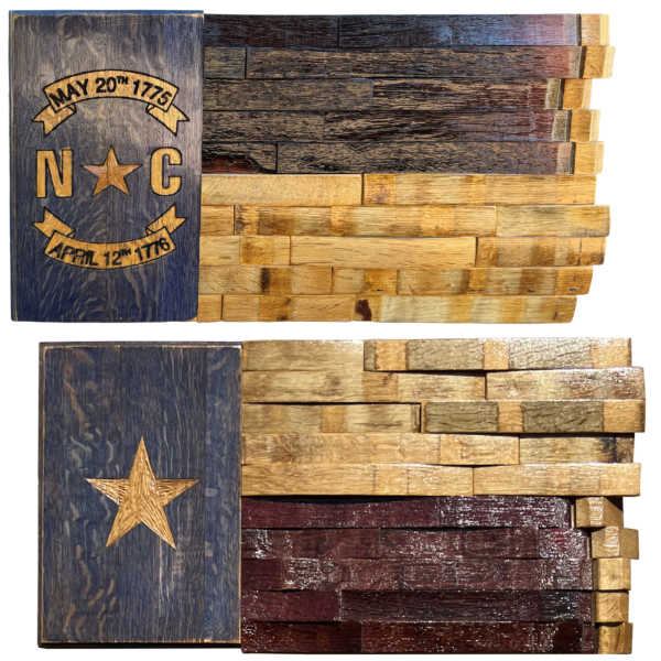 State Flag, North Carolina state flag and Texas state flag made from wine barrels